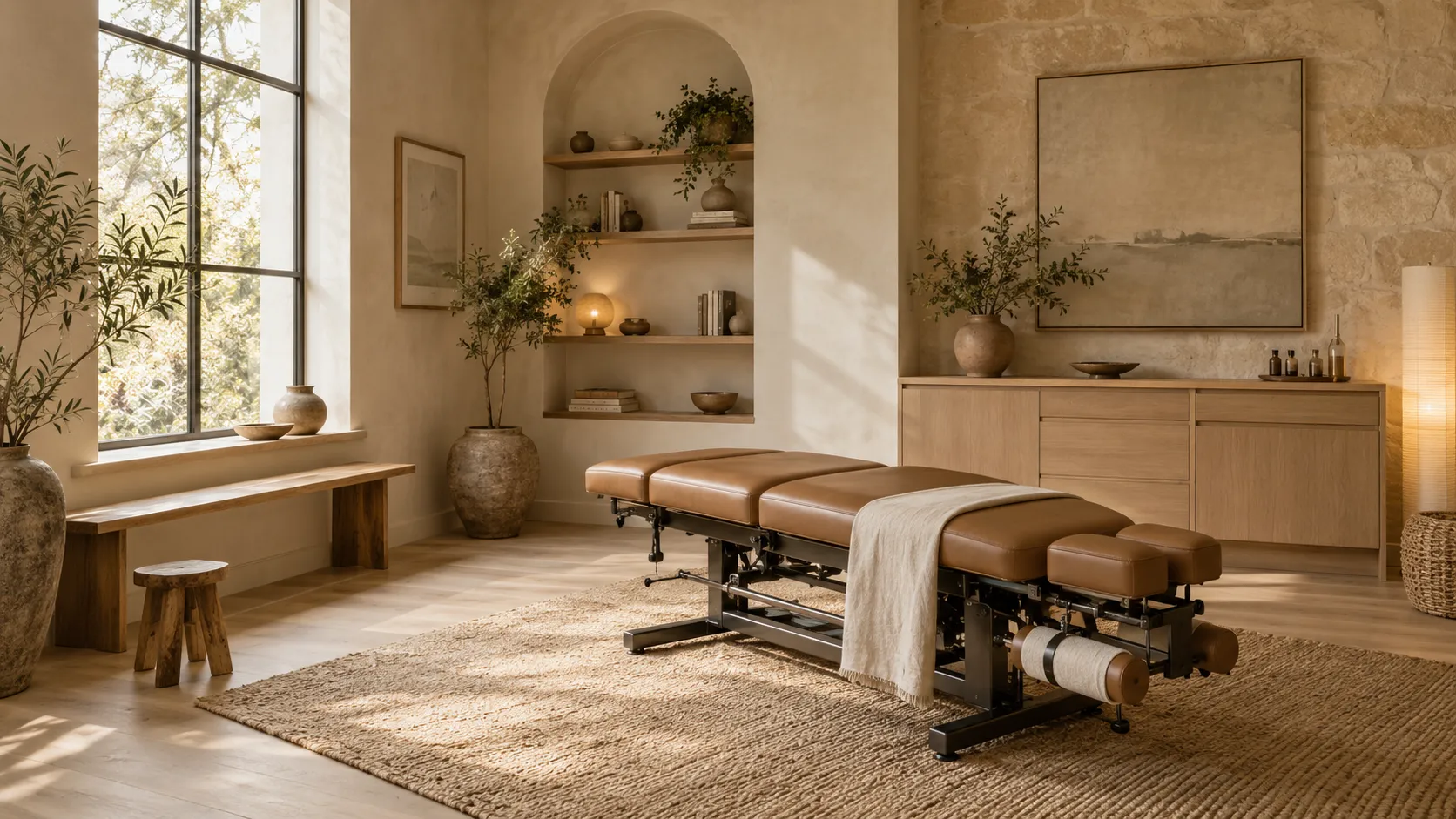 Chiropractic treatment studio with a padded adjusting table, limewash walls and morning light