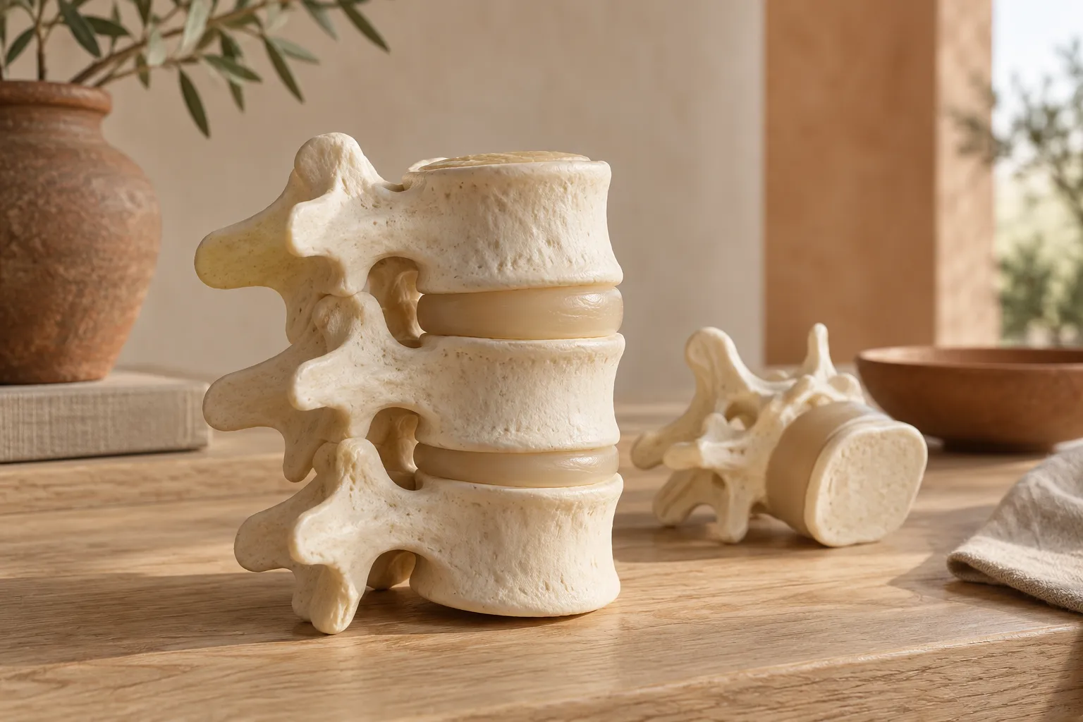 Macro view of model lumbar vertebrae with the intervertebral discs between them