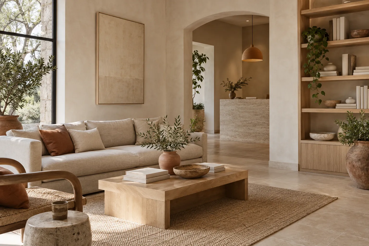 Quiet waiting lounge with a linen sofa, oak coffee table and shelves of books and ceramics